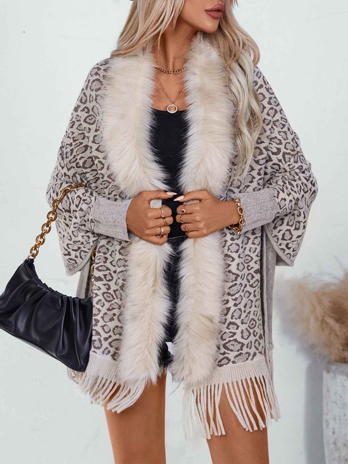 Leopard Print Fur Collar Loose Batwing Sleeve Sweater Cape Cardigan Women (one size fits all)