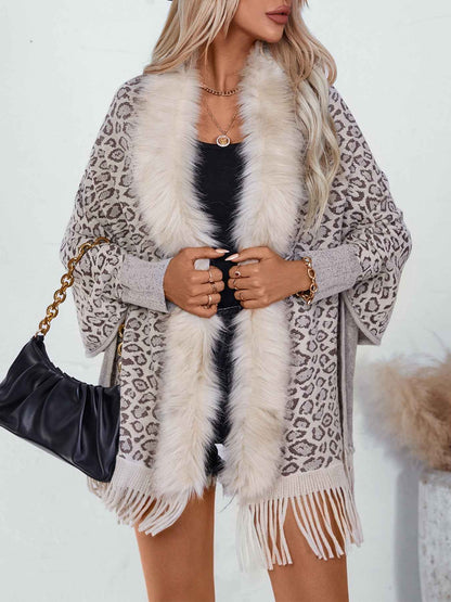 Leopard Print Fur Collar Loose Batwing Sleeve Sweater Cape Cardigan Women (one size fits all)