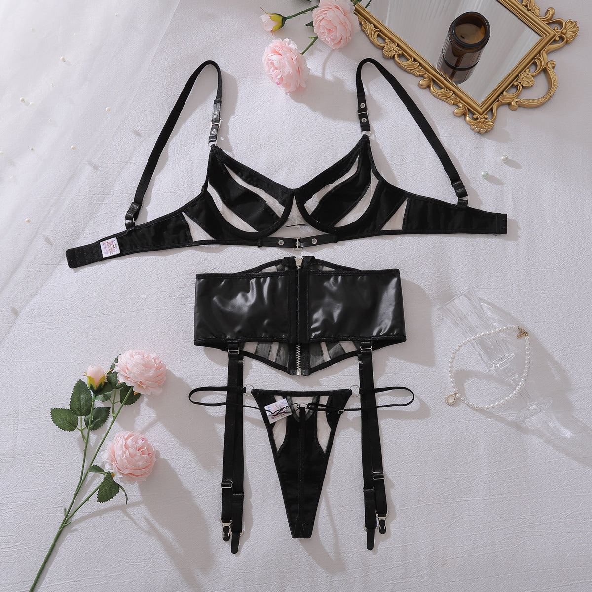 PU Leather Stitching Mesh Lingerie Three Piece Set
