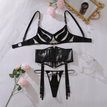PU Leather Stitching Mesh Lingerie Three Piece Set