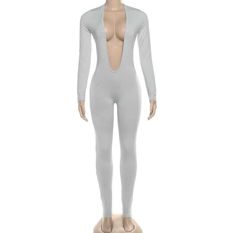 Backless Deep V Plunge Long Sleeve Solid Color Jumpsuit