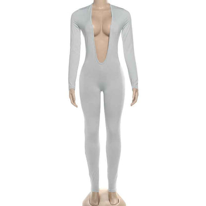 Backless Deep V Plunge Long Sleeve Solid Color Jumpsuit