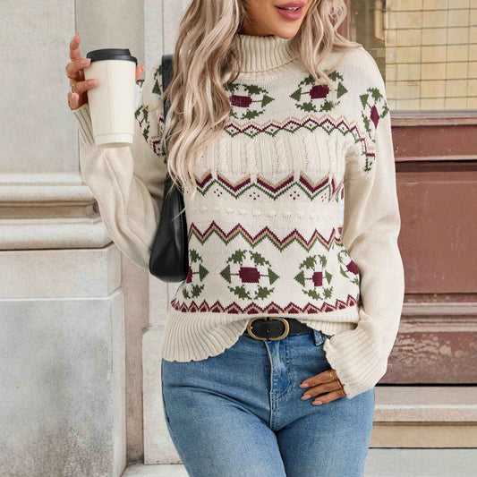Ethnic Pattern Turtleneck Knitted Jacquard Pullover Sweater Women