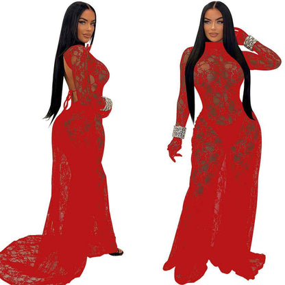 See through Lace Backless Lace up Jumpsuit