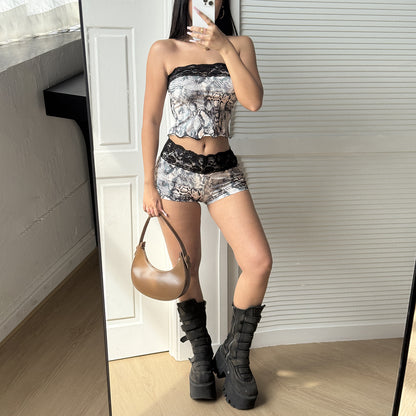 Goth Print Two Piece Lace Bottoms Set