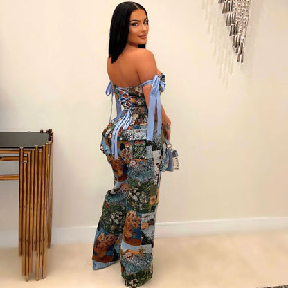 Women's Printed Romper Pattern Strap Drawstring Multi-pocket Bodysuit - Munsieur