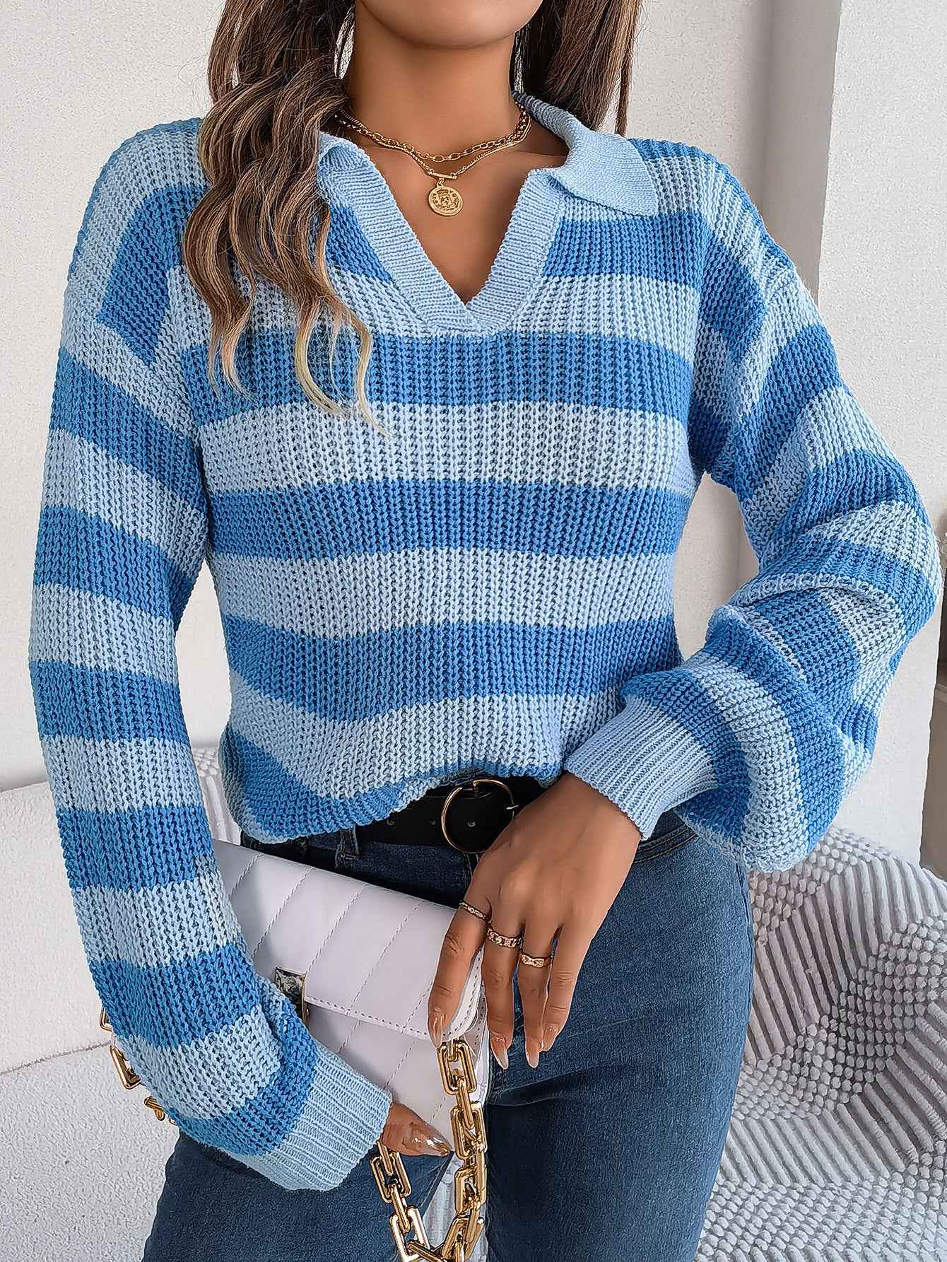 Casual Collar Contrast Color Long Sleeve Knitted Pullover Sweater
