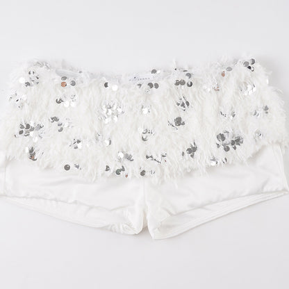 White Sequined Furry Bottoms Set