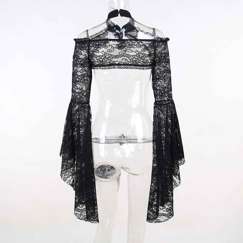 Gothic Classic Lace Cover Ups Women Mesh Crop Top See Through Sexy Flare Sleeve Blouse Y2k Black Rave Outfit Festival