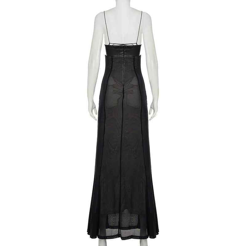 Mesh Leather Slim Fit Patchwork Wrapped Dress