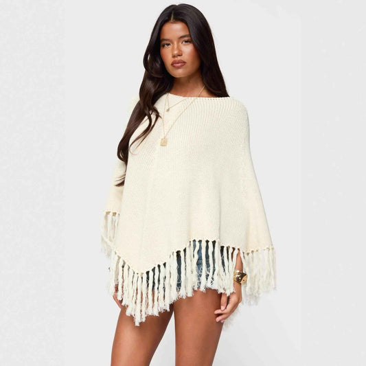 Solid Color Shawl Tassel Sweater