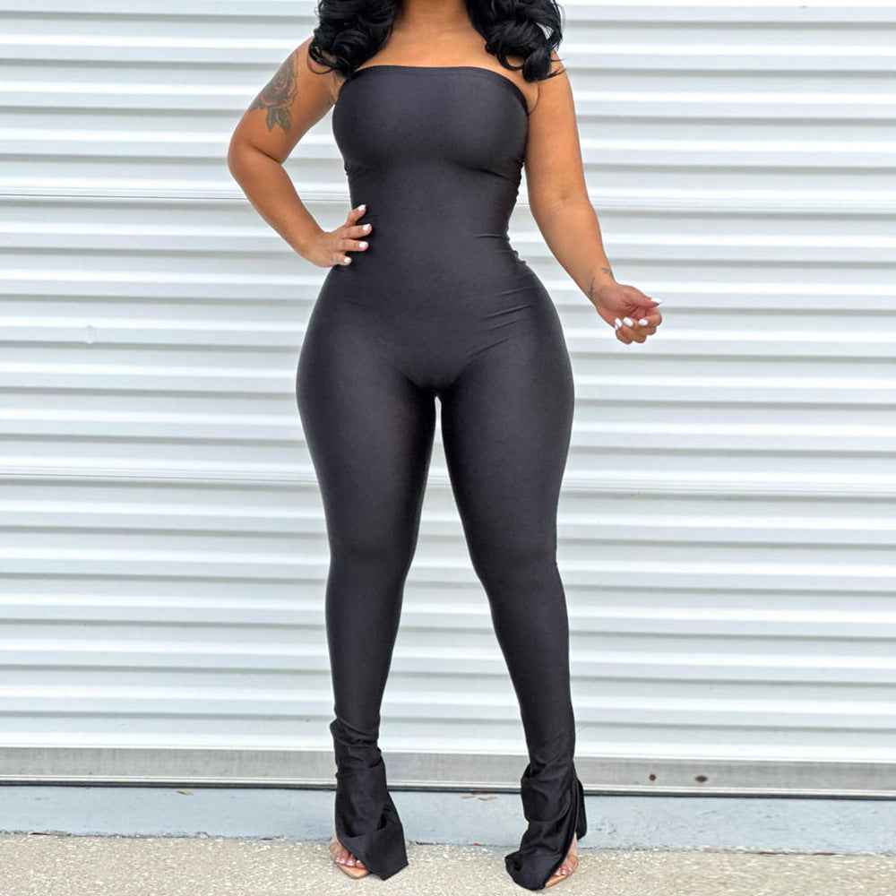 Women Clothing off Neck Stitching High Elastic Slit Slim Fitting Jumpsuit