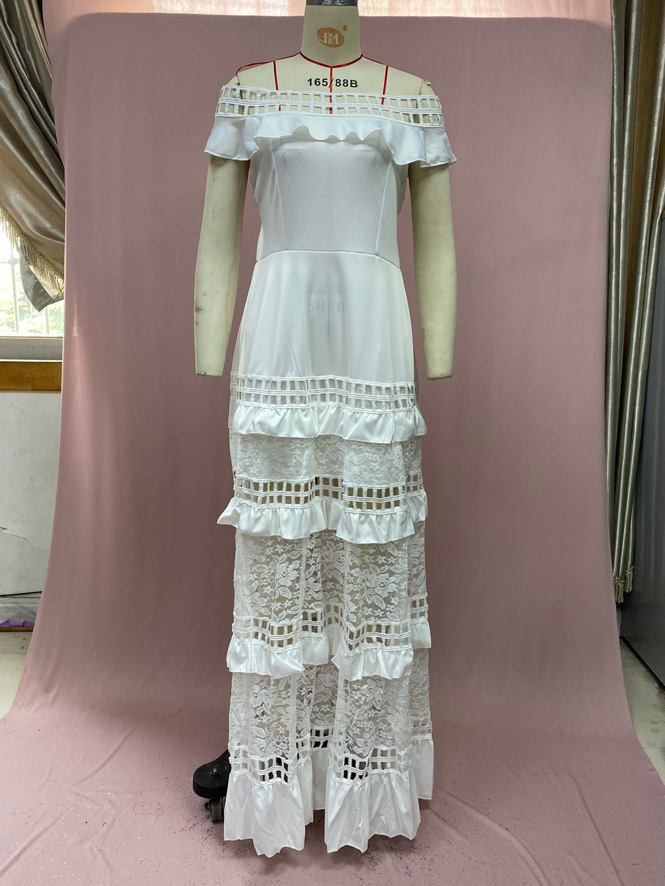 Ruffled Hollow Out Cutout Wide Hem Lace Long Dress