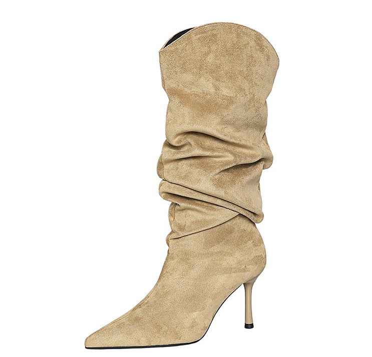 Stiletto Boots Women's Thin below the Knee Pointed Toe Pleated
