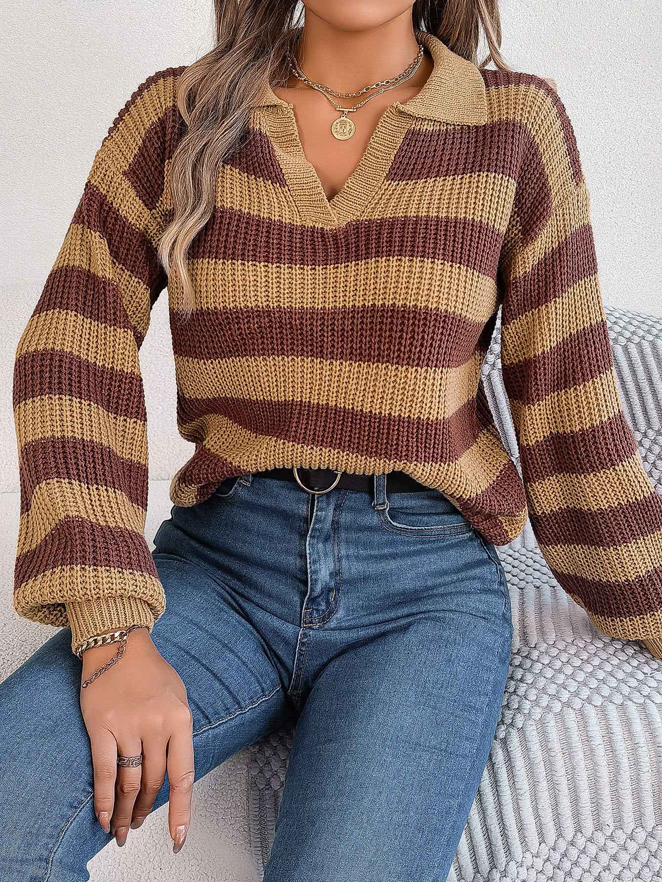 Casual Collar Contrast Color Long Sleeve Knitted Pullover Sweater