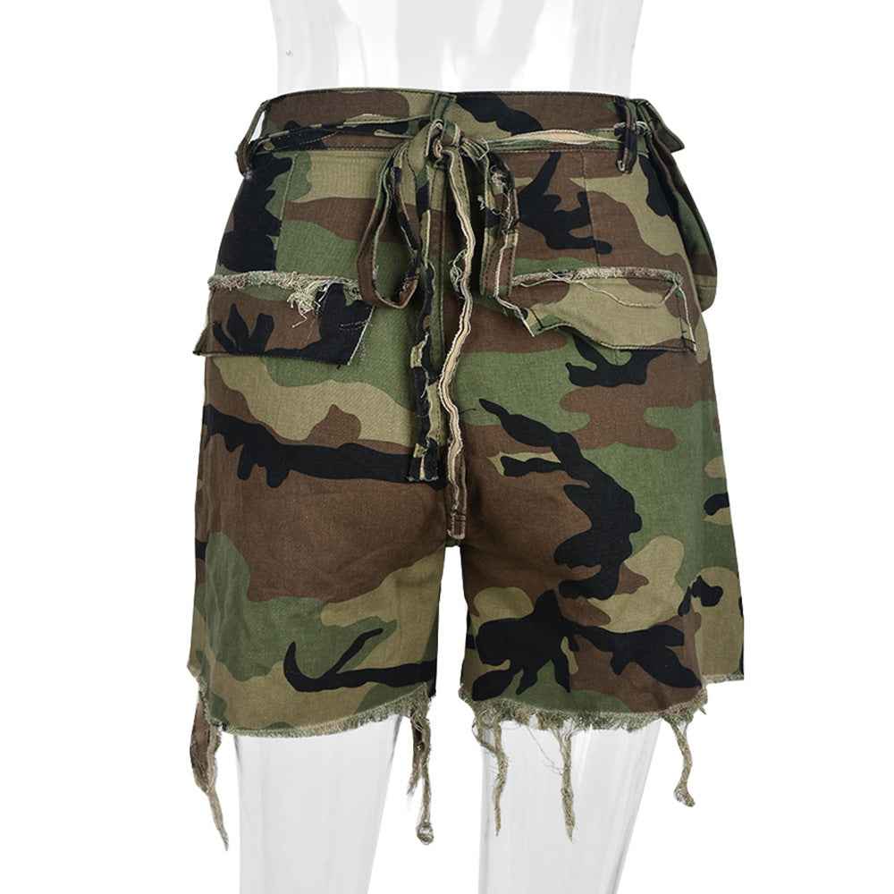 High Waist Camouflage Washed Tassel Bottoms for Women