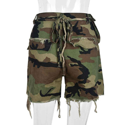 High Waist Camouflage Washed Tassel Bottoms for Women