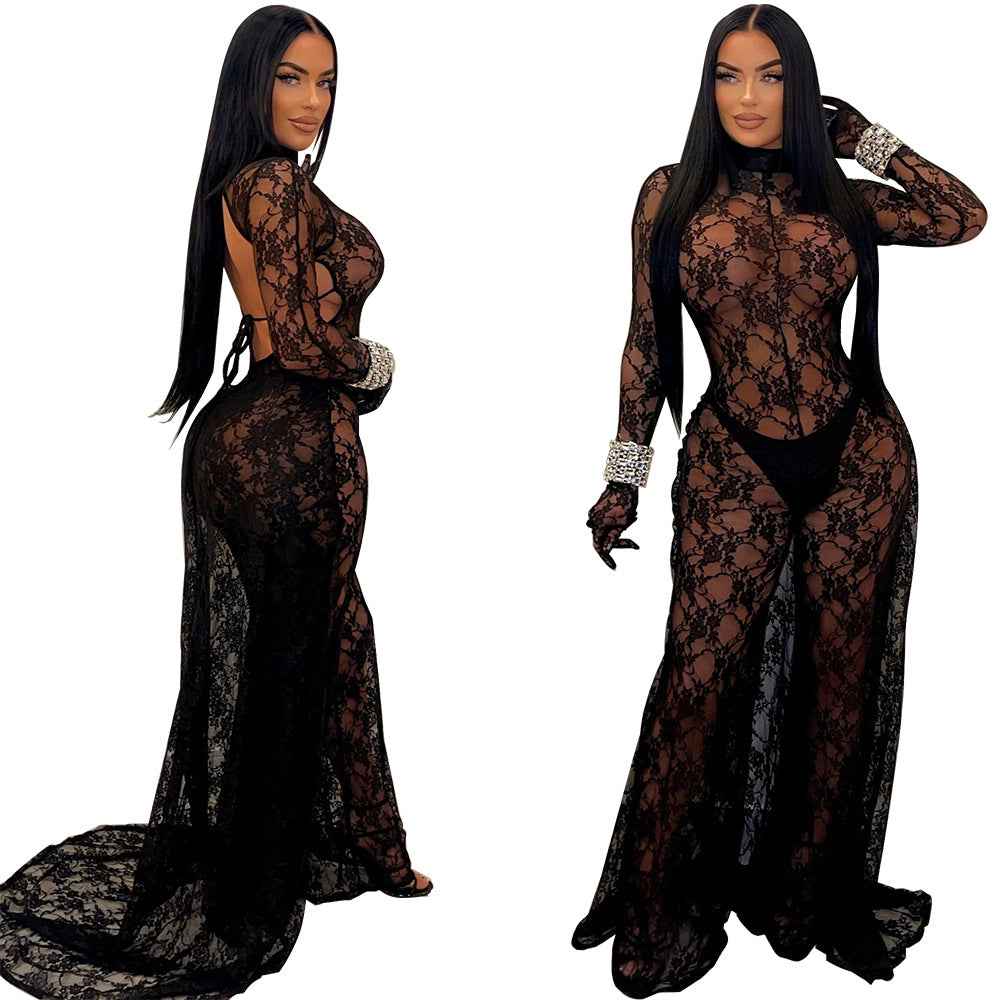 See through Lace Backless Lace up Jumpsuit