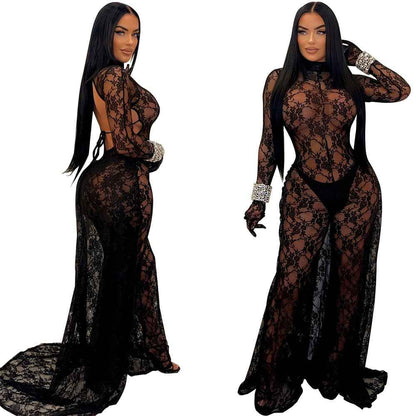 See through Lace Backless Lace up Jumpsuit