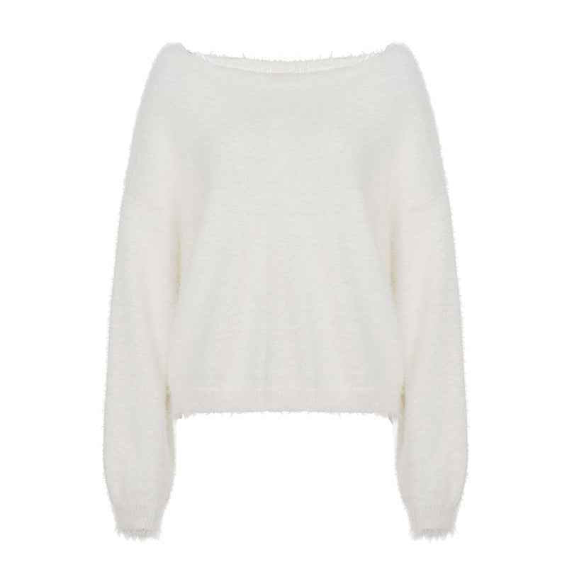 Mink Fur off Shoulder Solid Color Pullover Sweater