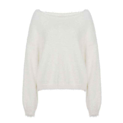 Mink Fur off Shoulder Solid Color Pullover Sweater