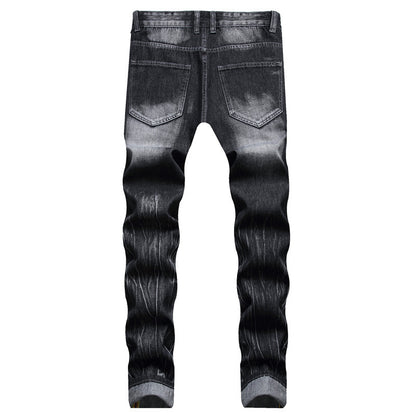 Men's Street Casual Cool Decorative Flower Ripped Pants Straight-leg Four Seasons