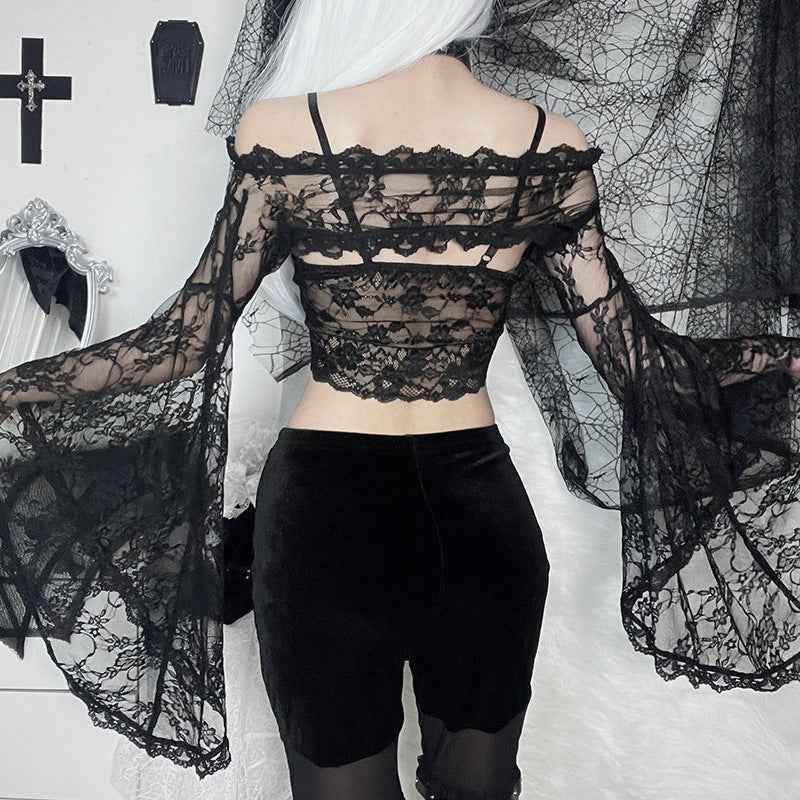 Gothic Classic Lace Cover Ups Women Mesh Crop Top See Through Sexy Flare Sleeve Blouse Y2k Black Rave Outfit Festival