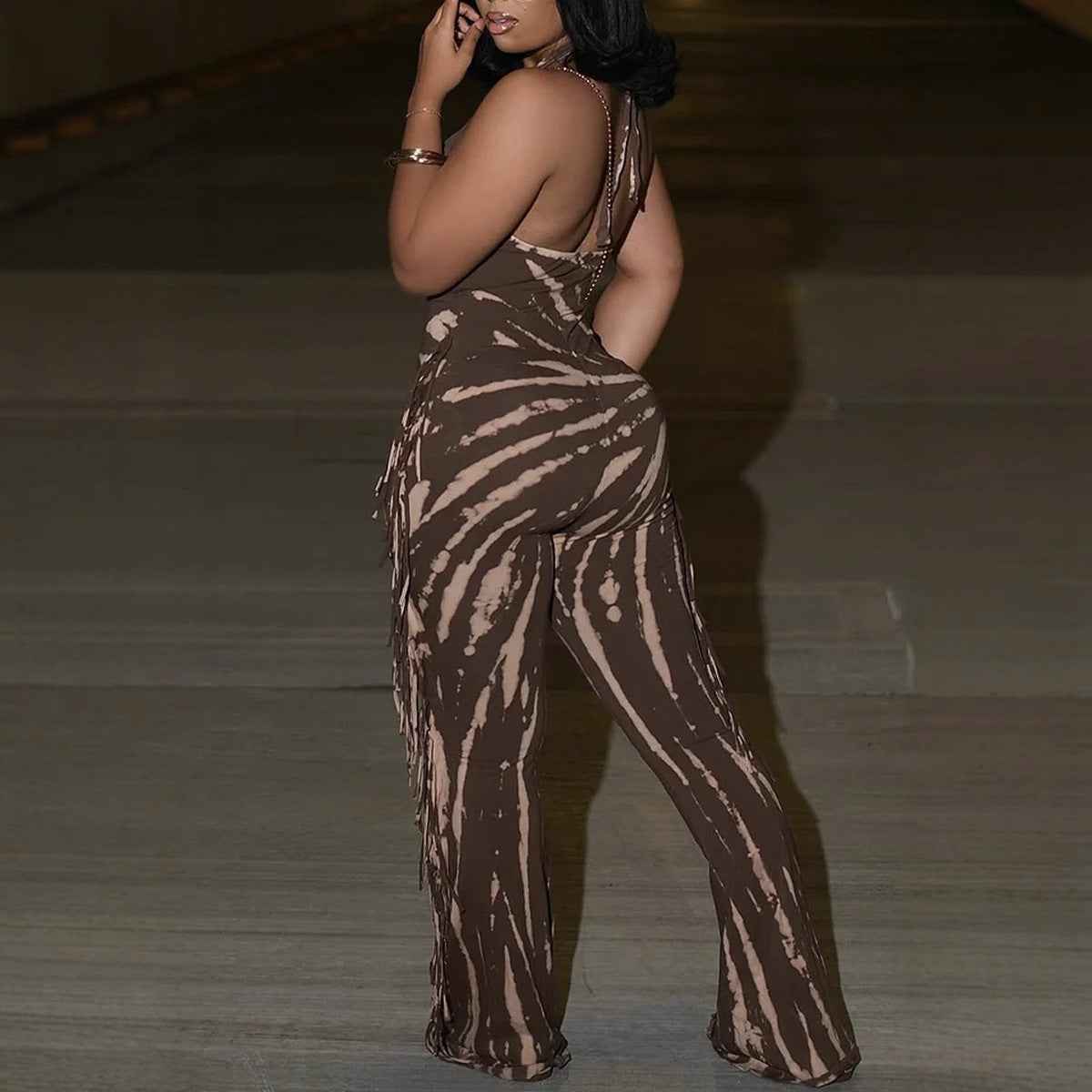 Elegant Sexy Slim Fit Stretch Backless Tassel Printed Halter Strap Micro Pull Jumpsuit