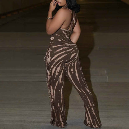 Elegant Sexy Slim Fit Stretch Backless Tassel Printed Halter Strap Micro Pull Jumpsuit