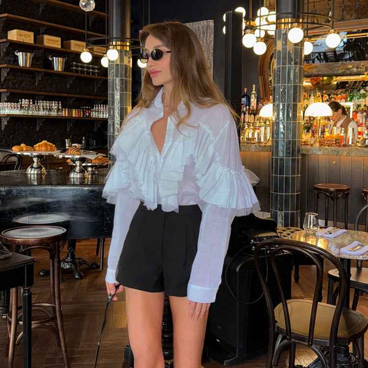 Ruffled Polo Collar Long Sleeve Blouse