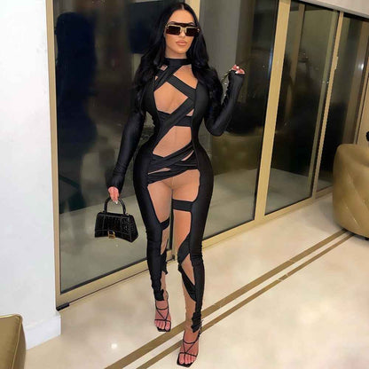 Mesh Bandage Stitched Long Sleeve Jumpsuit for Women
