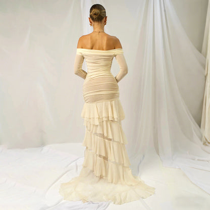 Slim Irregular Asymmetric Pleated Waist Tight Long Sleeve off Shoulder Elegant Dress for Women