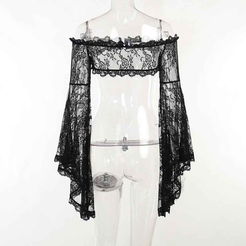 Gothic Classic Lace Cover Ups Women Mesh Crop Top See Through Sexy Flare Sleeve Blouse Y2k Black Rave Outfit Festival