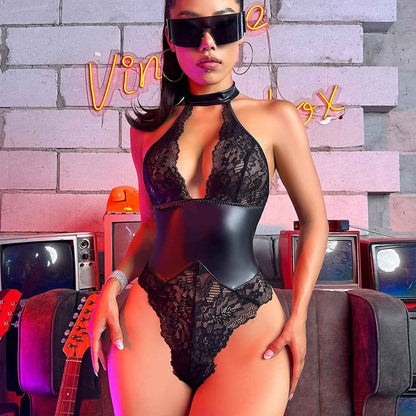 Sexy Patent Leather Lace Stitching One Piece Nightclub Temptation Sexy Lingerie Set