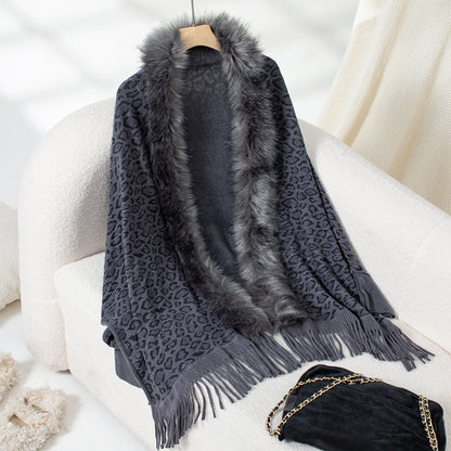 Leopard Print Fur Collar Loose Batwing Sleeve Sweater Cape Cardigan Women (one size fits all)