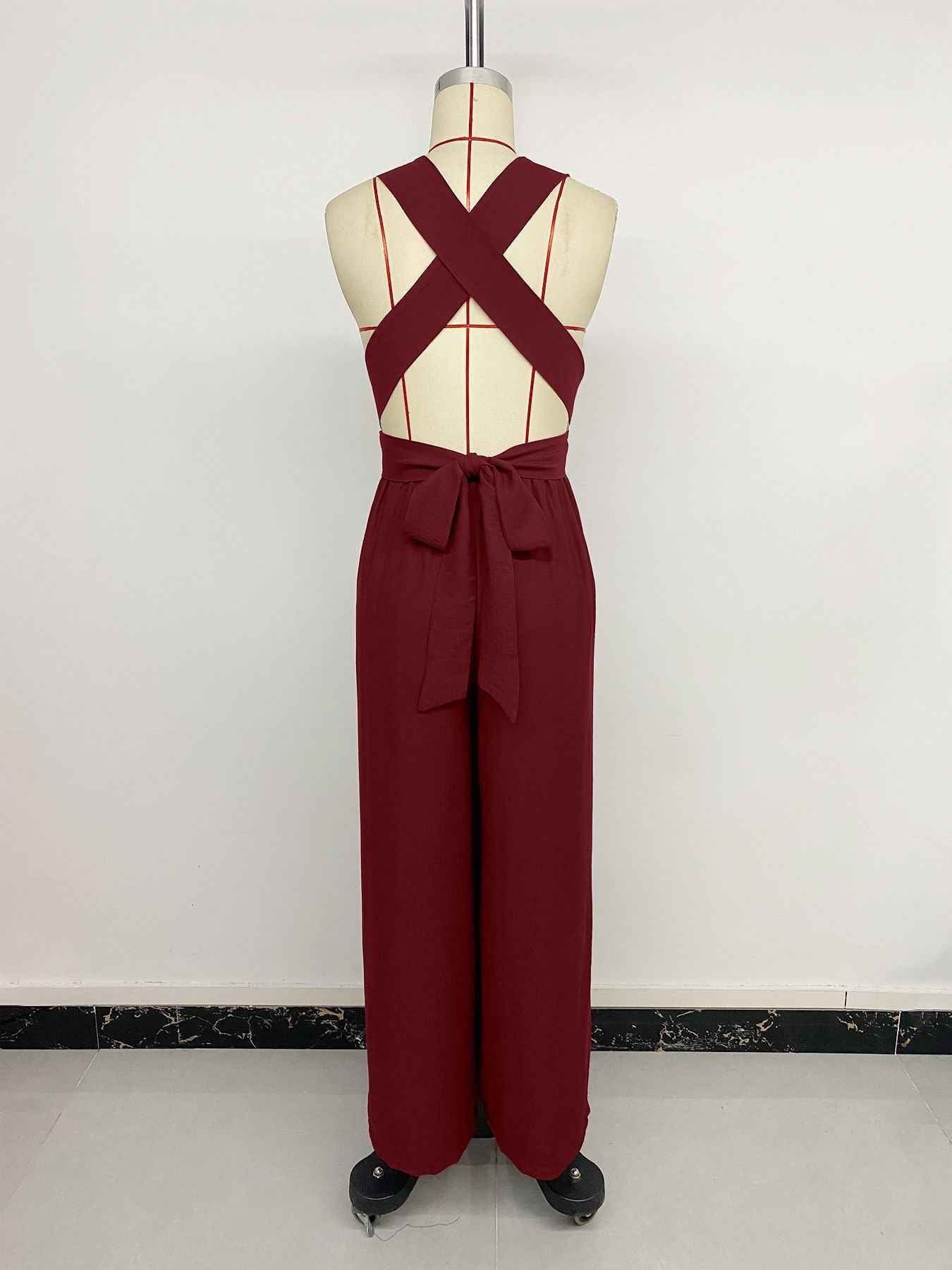Women Clothing Elegant Cross Backless Lace up Sleeveless Long Wide Leg Jumpsuit