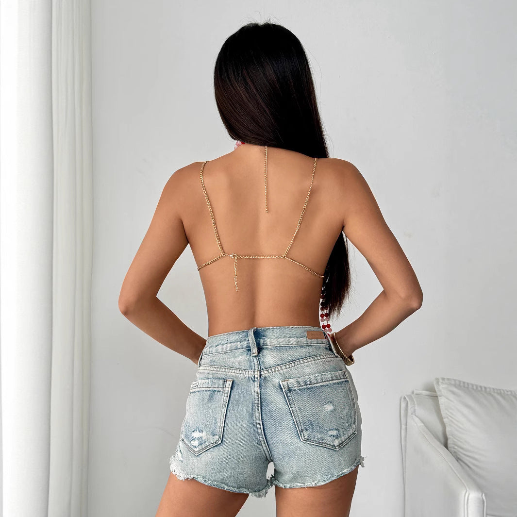 Multi Layer Pearl Halter Out Camisole T-shirt