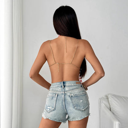 Multi Layer Pearl Halter Out Camisole T-shirt