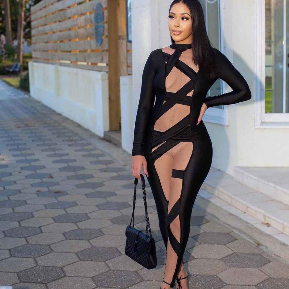 Mesh Bandage Stitched Long Sleeve Jumpsuit for Women