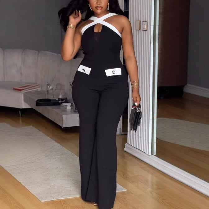 Elegant Office Contrast Color Cross Strap Jumpsuit