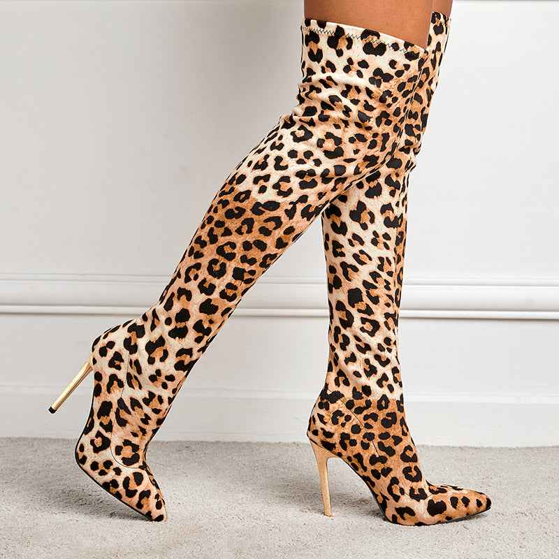 Stiletto Leopard Print Elastic Stretch Women's Boots