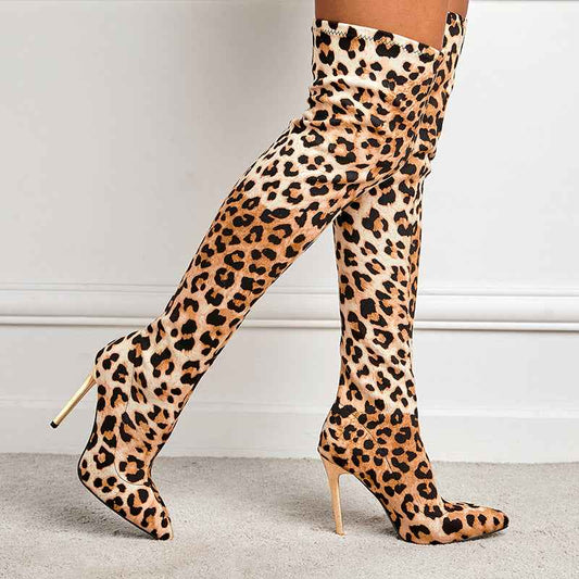 Stiletto Leopard Print Elastic Stretch Women's Boots