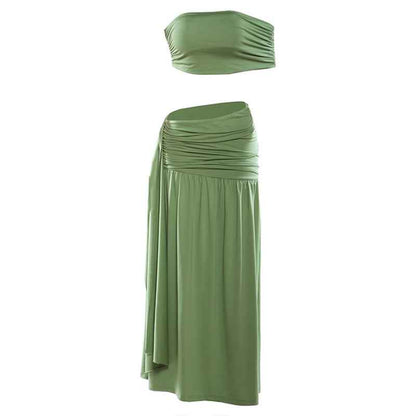 Spring Sexy Solid Color Tube Top Vest Slim Ribbon Pleated Skirt Sets