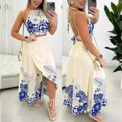 Women's 2pc Set Tropical Printing Casual Women's Blouse + Skirt Set