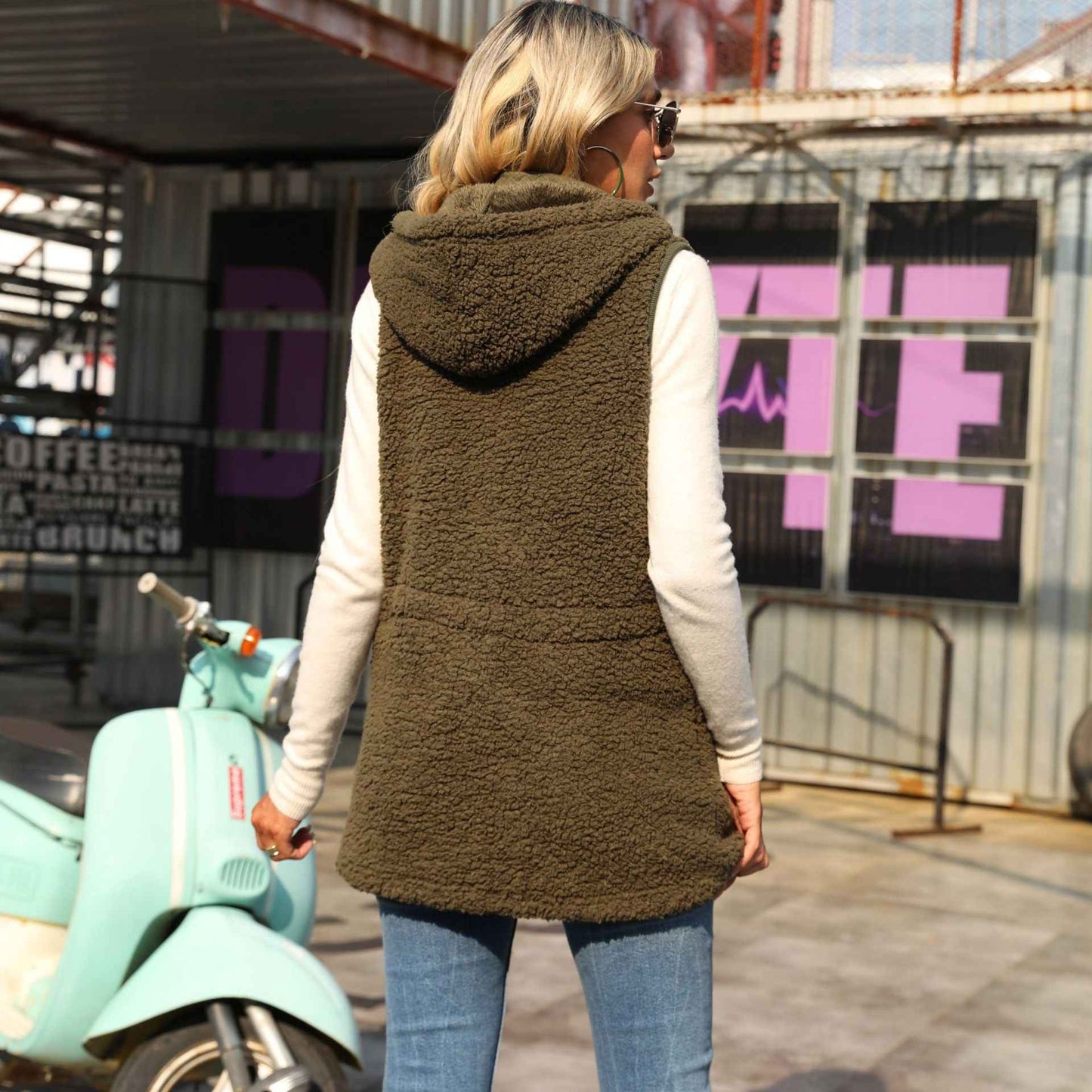 Sleeveless Zipper Mid Length Sweatshirt Solid Color Bubble Velvet Vest
