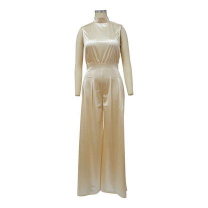 Solid Color Turtleneck Sleeveless Fitted Waist Jumpsuit No Belt