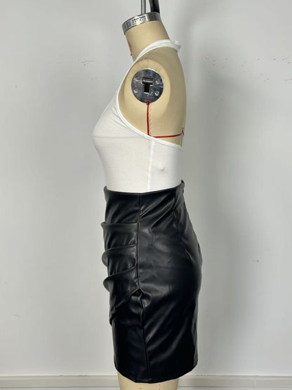 Faux Leather Skirt Sexy High Waist Sheath Pleating Irregular Asymmetric Slit