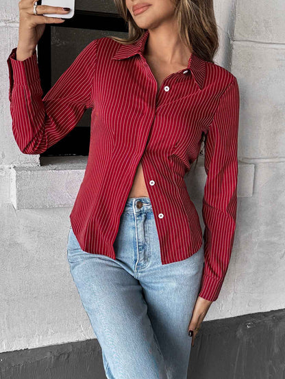 Casual Polo Collar Striped Blouse