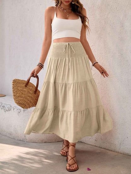 Boho Style Elastic Waistband Solid Color Wide Hem Skirt