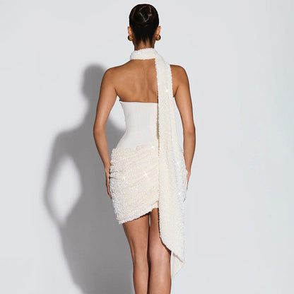 Halter Ribbon Asymmetric Pleated Draped Mini Dress